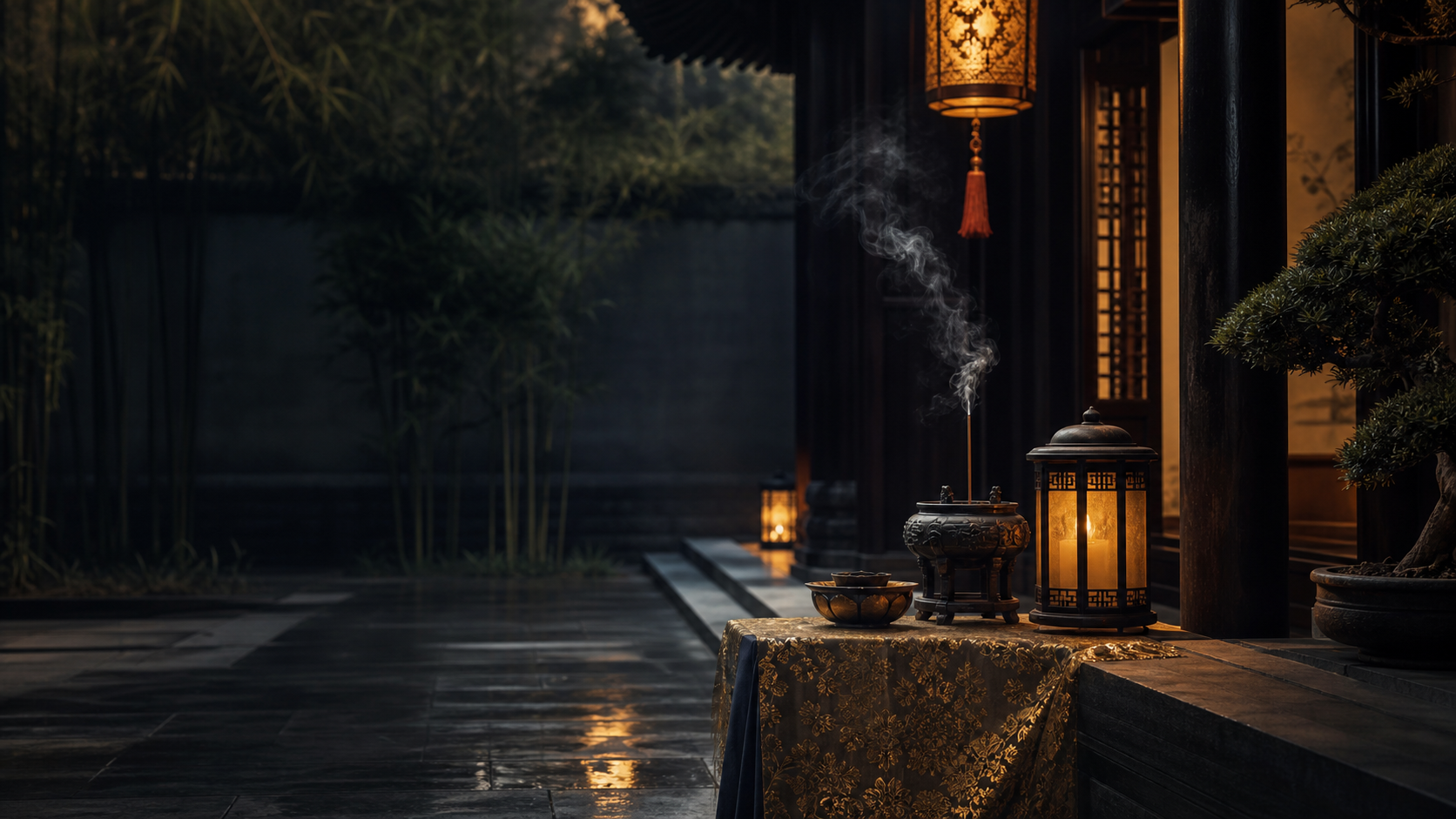 夜色中的山门与长灯