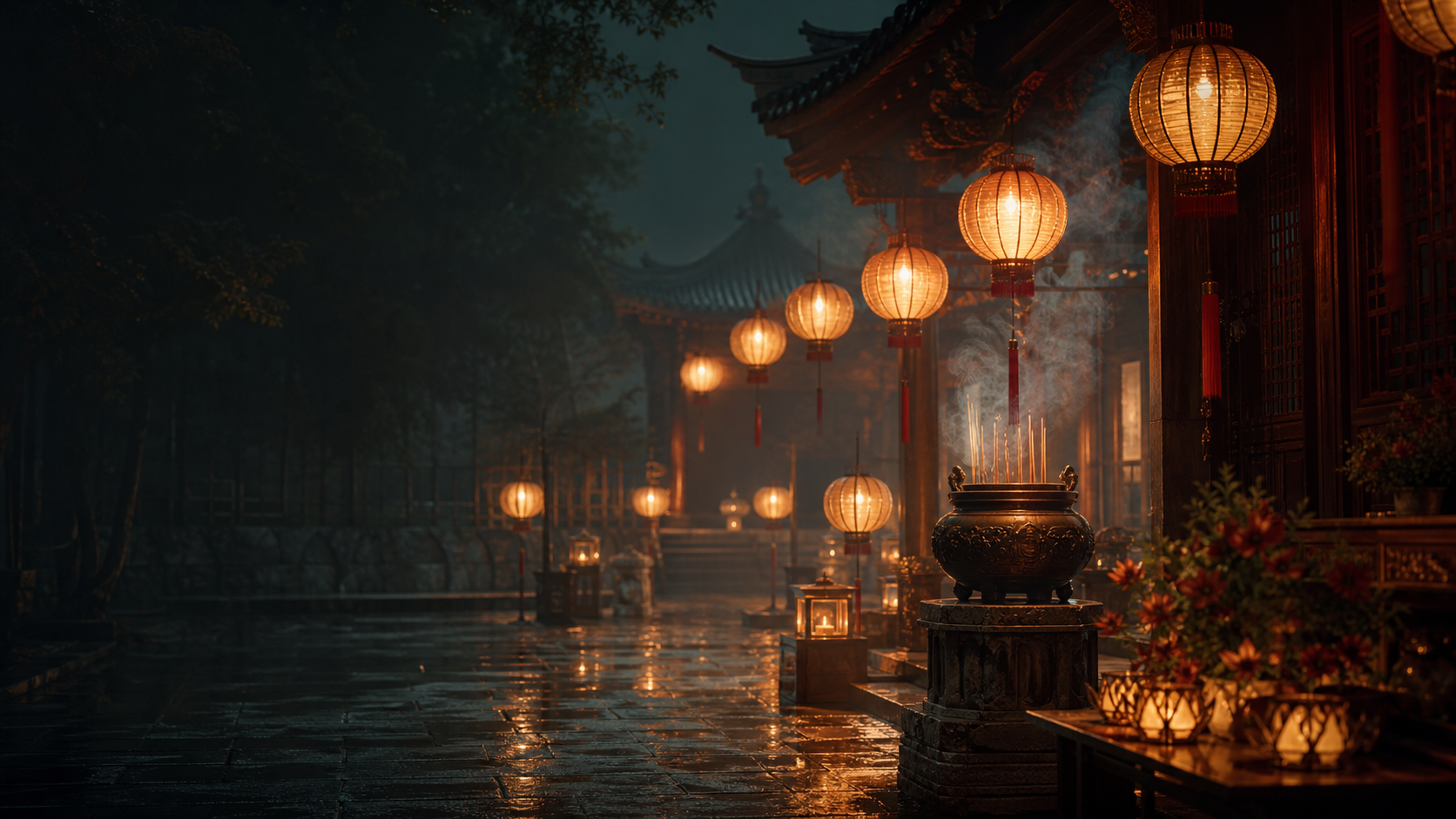 雨夜庭院中的灯笼与香炉